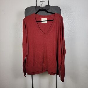Lucky Brand Womens V-Neck Sweater Red Cotton Cashmere  Oversized Cloud Soft Sz L